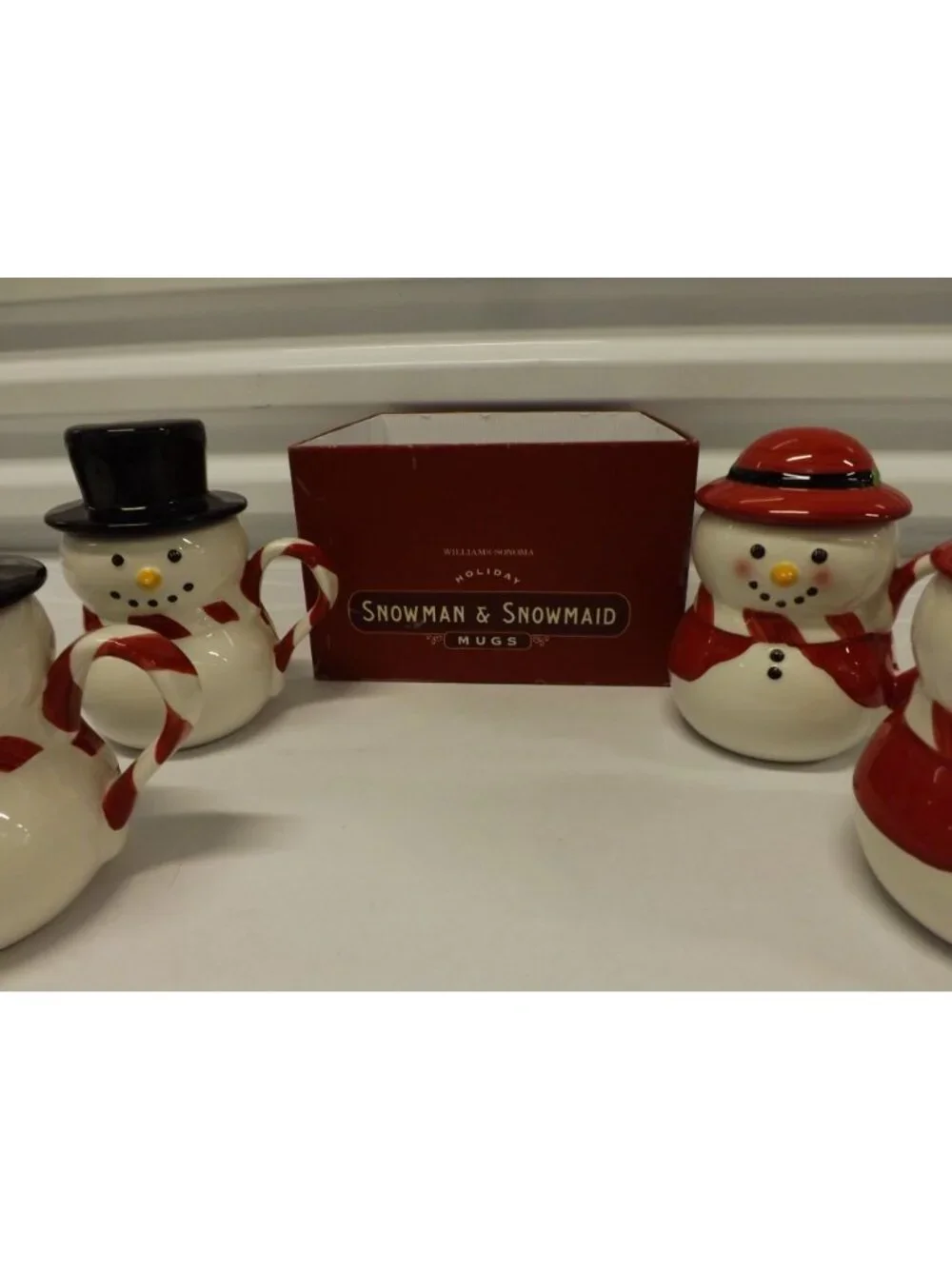 Williams Sonoma Snowman Mugs w Hats Set Of 4 Holiday Christmas Hot Chocolate Mmm
